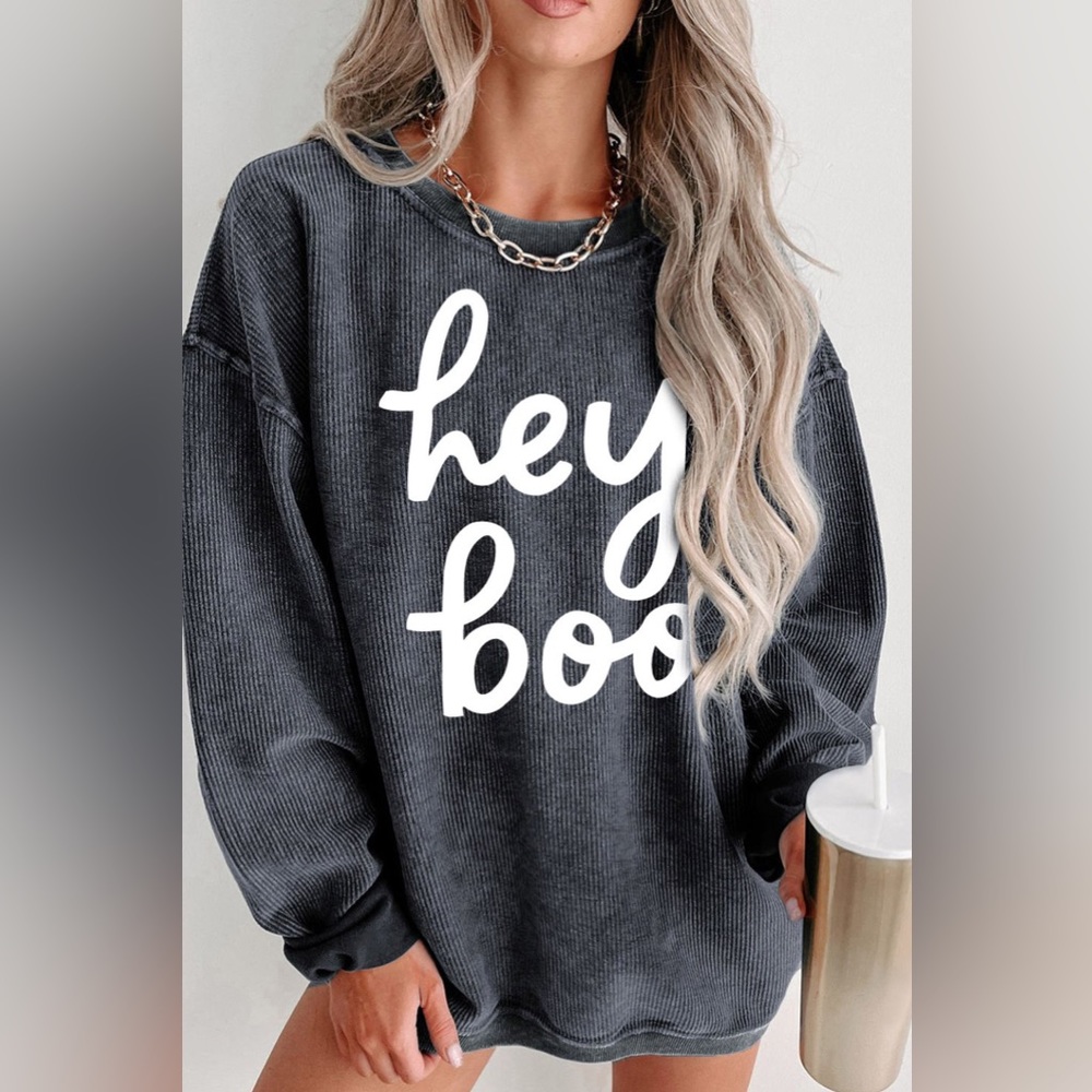 🌟NEW, CHIC*- HEY BOO Round Neck Dropped Shoulder Sweatshirt OFFERS WELCOME
